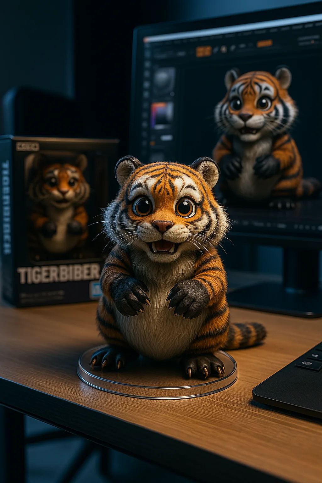 Tigerbiber-Sammelfigur mit Verpackung auf einem Schreibtisch