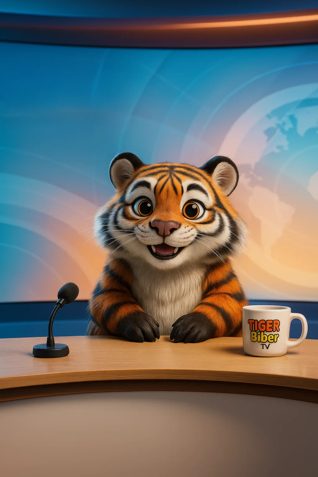 Der Tigerbiber als Nachrichtensprecher im Tigerbiber-TV-Studio