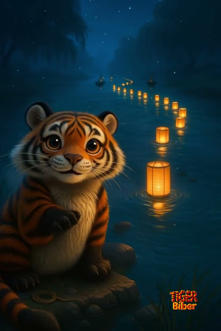 Der Tigerbiber sitzt nachts mit leuchtenden Laternen am Fluss