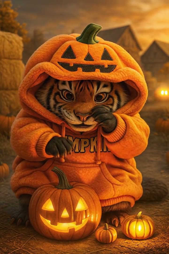 Der Tigerbiber im Kürbis-Hoodie mit leuchtenden Kürbissen