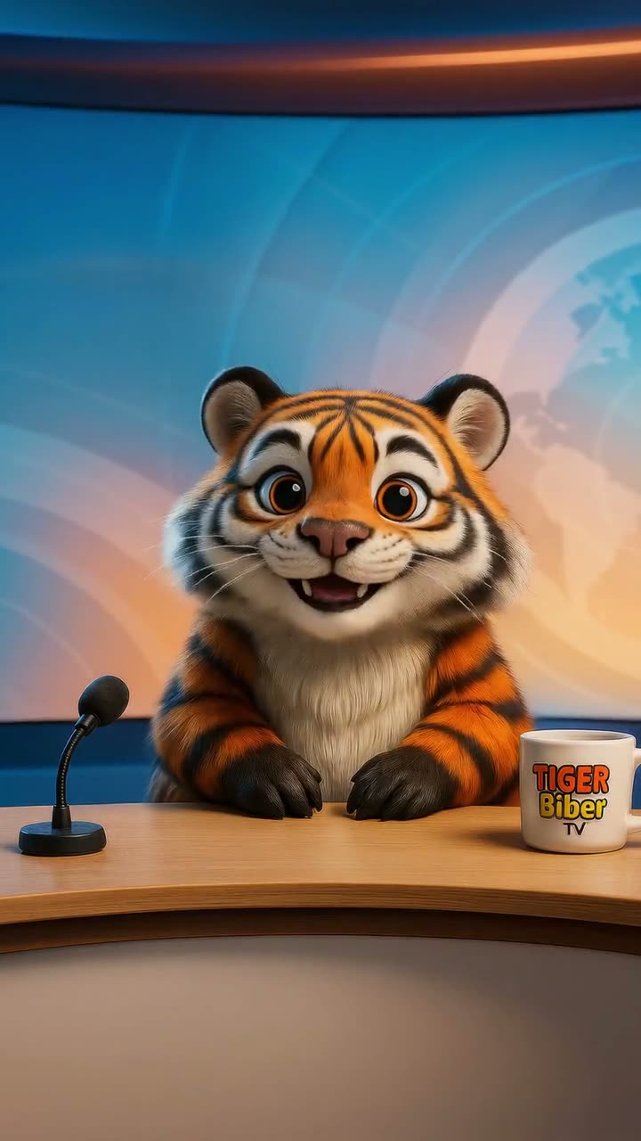 Der Tigerbiber moderiert die Nachrichten im Tigerbiber-TV-Studio